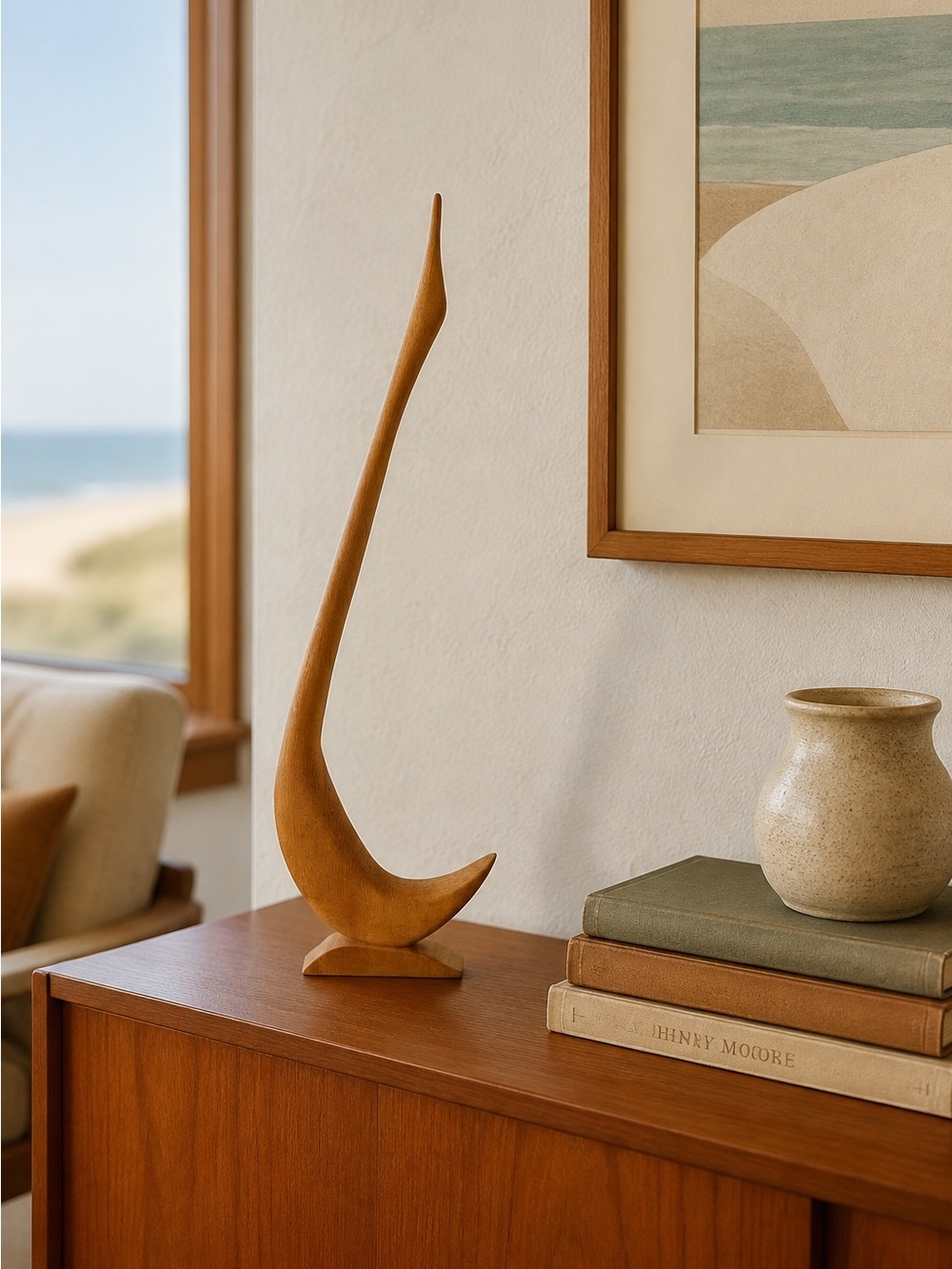 Mid Century Modern Carved Wood Heron Crane Bird Sculpture Tall Abstract Decor